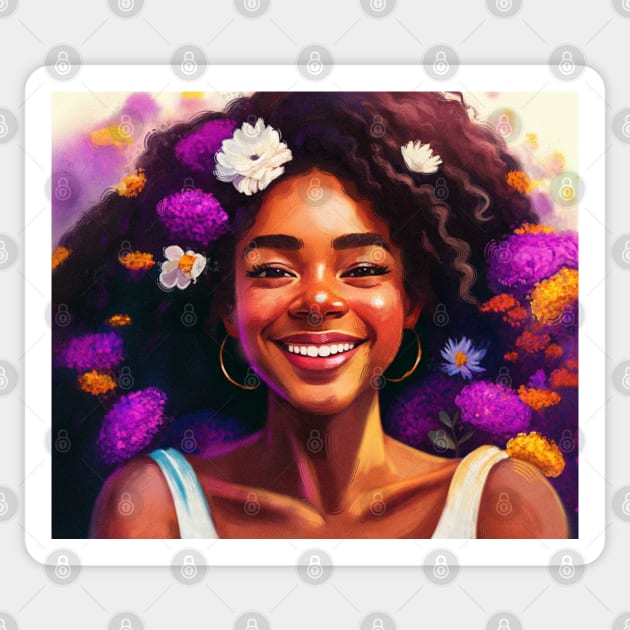 Afro girl happy portrait with flowers Sticker by astronauticarte